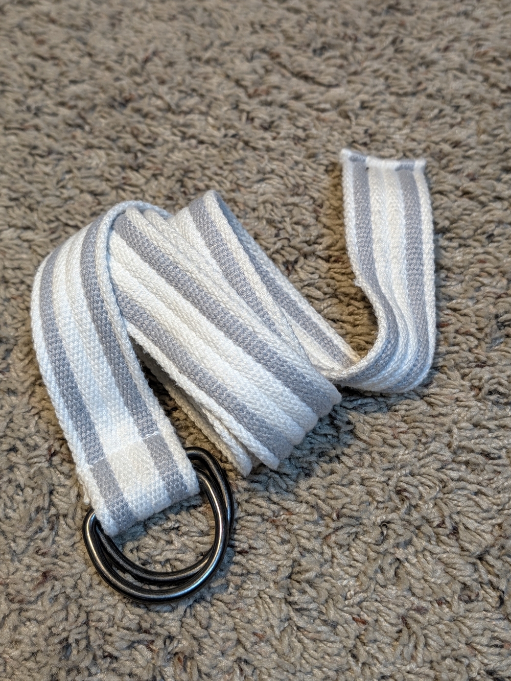 Striped Gray and White D-Ring Canvas Belt